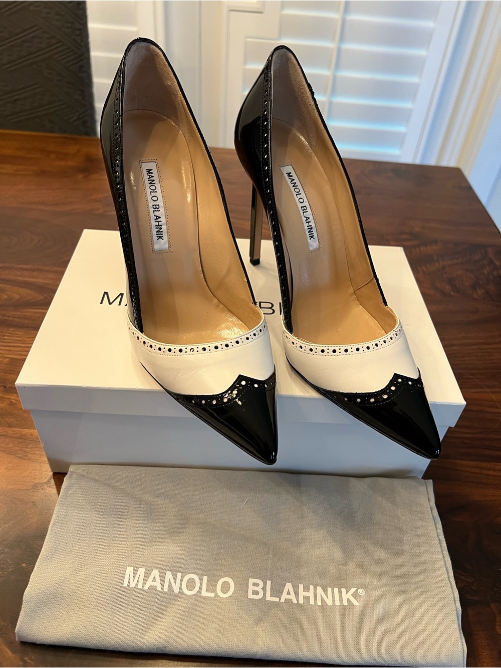 Manolo Blahnik Black and White Pointed Toe Stiletto Pumps